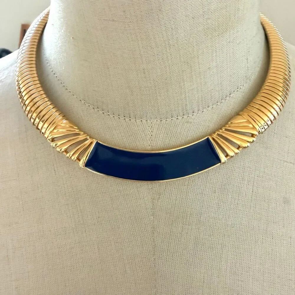 Monet Gold Tone Collar Necklace Blue Enamel Statement Choker